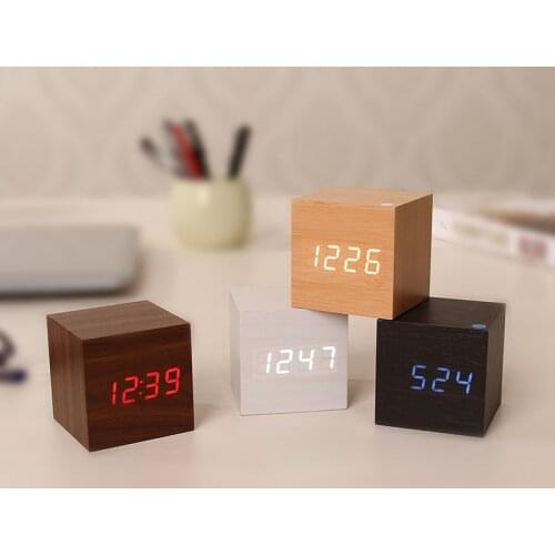 USB Digital LED Wood Wooden Cube Desk Clock Alarm Voice Control Thermometer Timer Calendar Dropshipping