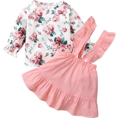 Girls Clothes Set Toddler Girls Floral Printed Long Sleeve O-neck Pullover Top+Solid Color Suspender Skirt Autumn Outfit