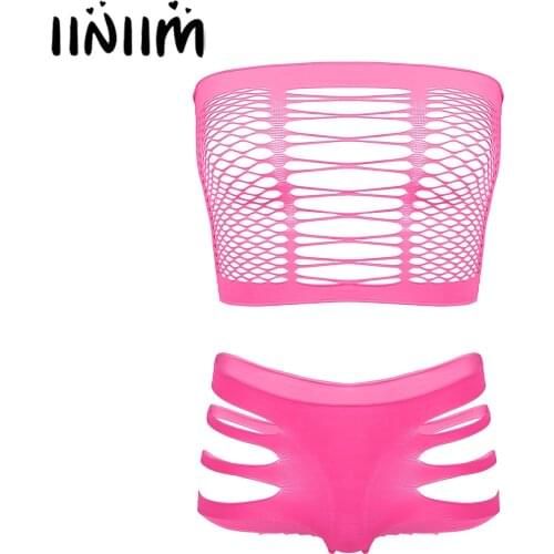 Iiniim Womens Sexy Lingerie Sets Breast Hollow Out Sissy Club Clothes Sleeveless Fishnet Crop Top with Briefs Panties Underwear