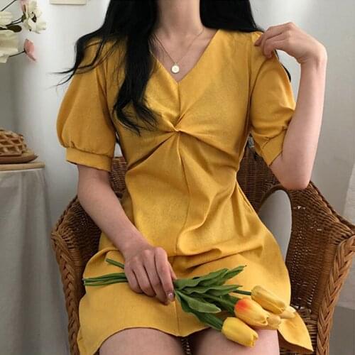 Korea Chic Niche Temperament V-Neck Twist Design Lace-up Waist Slimming Puff Sleeve Small Dress Female
