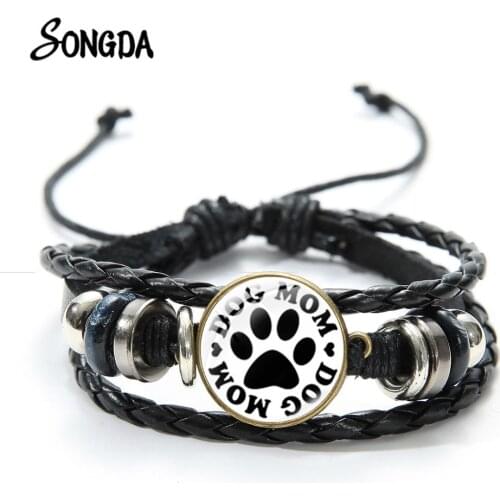 Latest Pet Puppy Paw Footprint Bracelet Dog Mom Pride Handmade Statement Leather Braided Bracelets Wristband Friendships