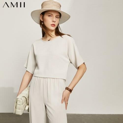 Amii Minimalism Summer New Womens Set Fashion 2Pcs Set Solid Oneck Womens Chiffon Tshirt Causal Loose Womens Pants 12140444