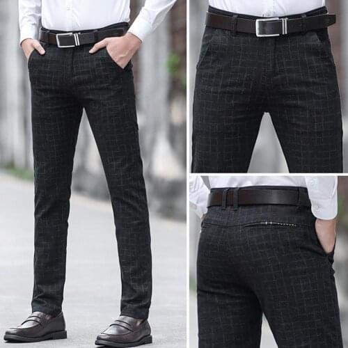 Men Autumn Winter Plaid Pocket Long Slim Trousers Office Dress Pants