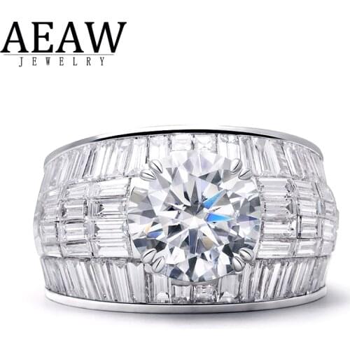 AEAW 2carat 8.0mm Round Excellent Cut Moissanite Engagement Wedding Rings Side Stone Natural Real Diamond, Solid 18k White Gold