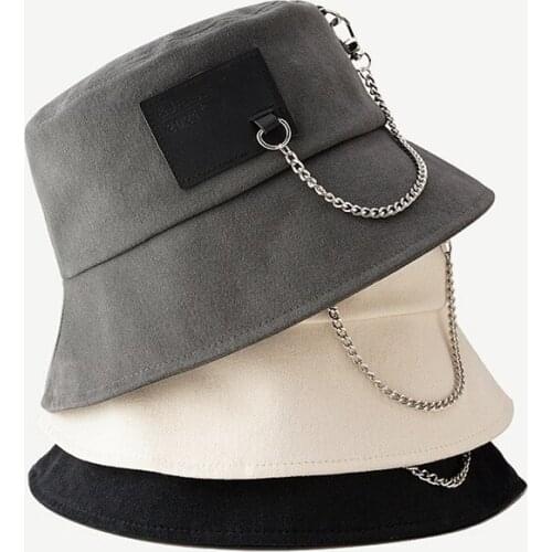 2021 Spring Summer Korean Male Women Version Bucket Hats Street Chain+Leather Label Fisherman Hat Street Shooting Hip Hop Caps