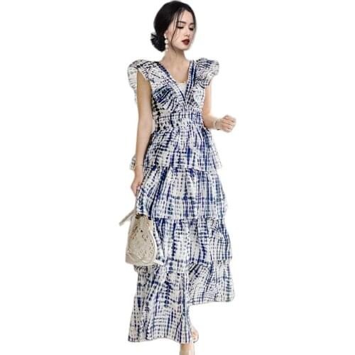 Temperament dress 2021 summer new style ruffled heavy industry tie-dye waist cake skirt fashionable womens clothing