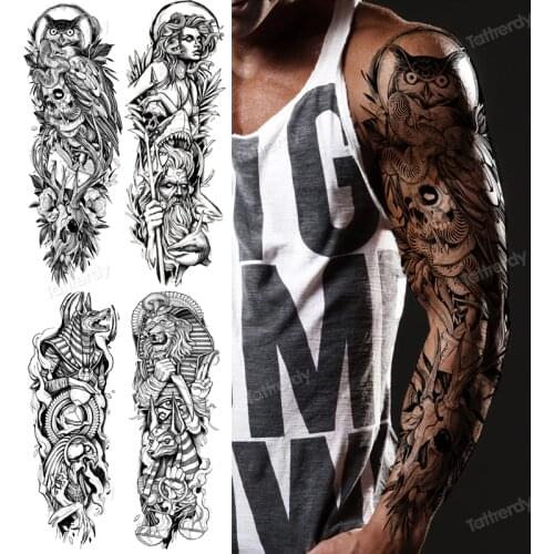 Full arm temporary tattoos sleeve large big body tattoo fake henna owl wolf tiger king boys tatoo black waterproof sexy make up