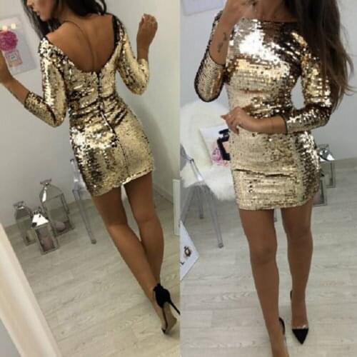 Sexy Womens Sparkle Glitter Bodycon Sequins Long Sleeve Backless Party Club Evening Short Mini Pencil Dress
