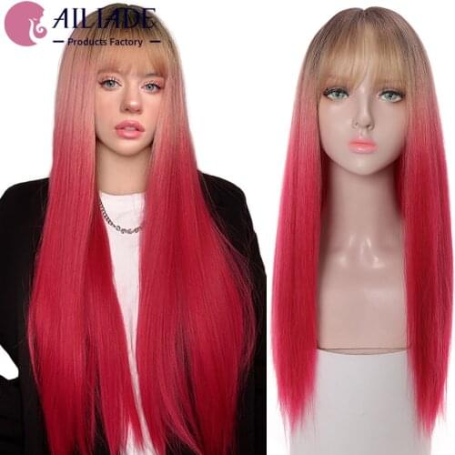 AILIADE Synthetic Long Straight Wigs Bangs Cosplay Wigs For Women Pink Blue Party Lolita False Hair Wigs