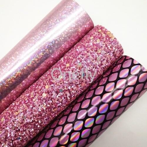 Onefly 21x29cm Pink Glitter Fabric, Iridescent Snake Synthetic Leather Sheets For Bow DIY handbags shoes DQ034