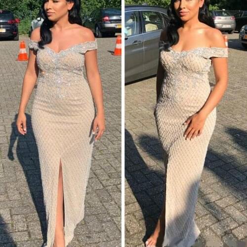 Aso Ebi Luxurious Dubai Arabic Champagne Sexy Sheath Evening Dresses Off Shoulder Crstals Prom Dresses Formal Party Evening Gown