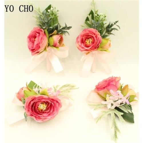 YO CHO Sweet Peach Wrist Corsage Flowers Artificial Wedding Party Decor Flowers Bridesmaid Sisters Hand Flowers Silk Lace Prom