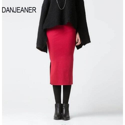 Danjeaner Autumn Winter Knitted Pencil Skirts High Waist Split Package Hip Bodycon Skirts Super Elastic Slim Fit Women Skirts