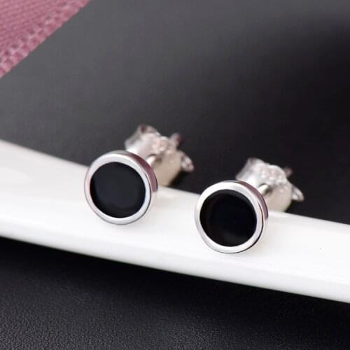 925 Sterling Silver Hypoallergenic Black Enamel Round Stud Earring for Women Girl Jewelry Brincos pendientes eh1451