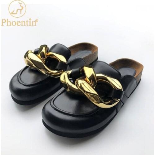 Phoentin Gold Chain Women outdoor Slippers 2021 Round toe Low Heels Casual Flat Mules Brand Design female Loafers Shoes FT1417