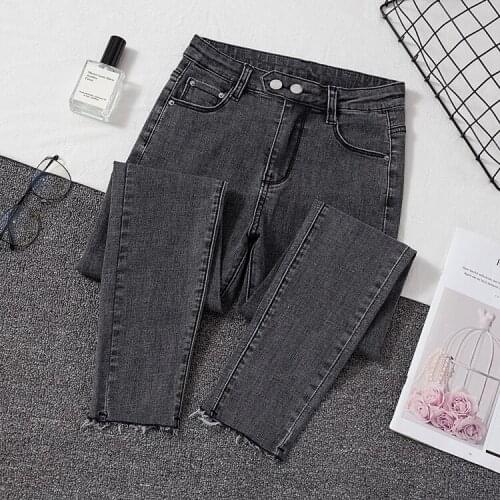 2020 New Arrived Gray Skinny Jeans Woman High Waist Elastic Double Button Denim Pencil Pants Show Shin Korean Fashion Jeans Lady