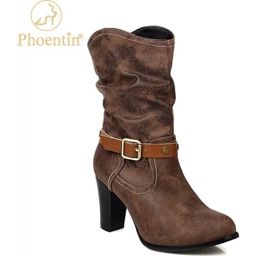 Phoentin Womens high boots Cowboy style short Boots woman 2020 belt Womens autumn shoes brown color large size 45 46 FT1076