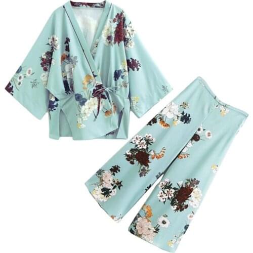 Autumn New Fashion Print Set Women Loose Long Sleeve Belt Short Cardigan Jacket Coat Casual Long Pants Two Piece Outfits Female