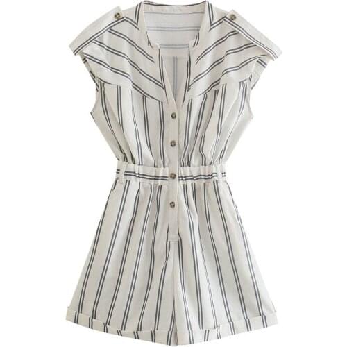 Summer Striped Short Jumpsuit Women Sleeveless V Neck High Waist Buttons Wide Leg Pants Rompers 2021 Summer Fit Playsuits