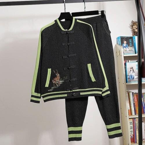 Autumn Vintage Embroidery Knitted Set Women Long Sleeve Sweater Pencil Pants Knit Tracksuit Sets Casual Knitwear Outfits Female