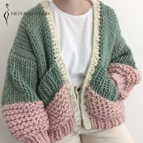 MEIYANGYOUNG Handmade Knitted Cardigan Women Coat Autumn And Winter Thickened Loose Knitting Sweater Oversize ladies Jackets