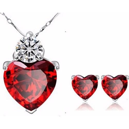 Red Purple Heart Cubic Zirconia Bridal Necklace Earring Jewelry Sets For Women Wedding Engagement Silver Chain Bijouterie Aretes
