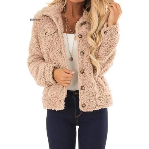 Womens Lapel Button Down Faux Shearling Coat Winter Warm Jacket with Pockets