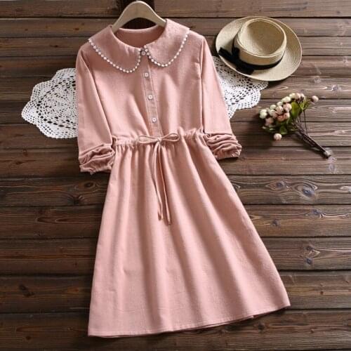 Japanese Mori Girl Autumn Women Cute Dress Peter Pan Collar Navy Blue Pink Lace Up Vestido Long Sleeve Kawaii Sweet Dress HB123
