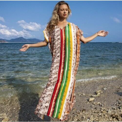 Striped Beach Coverups for Women 2021 Summer Dress V Neck Short Sleeve Loose Sexy Long Pareo Beach Party Sarong Sheer Dresses