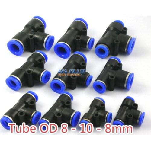 10 Pieces Pneumatic Tee Reduced Union Tube OD 8 - 10 - 8mm Air Push In To Connect Fitting One Touch Quick Release Fitting
