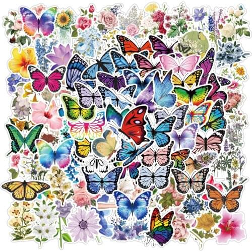 100PCS Pretty Butterfly Sticker Pack For Girl Plant Fresh Flower Decal To DIY Guitar Stationery Laptop Skateboard Stickers
