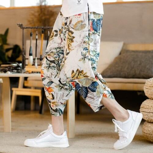 #8029 Summer Cotton Linen Harem Pants Printed Loose Vintage Pants Japanese Streetwear Joggers Thin Trousers Elastic Waist Floral