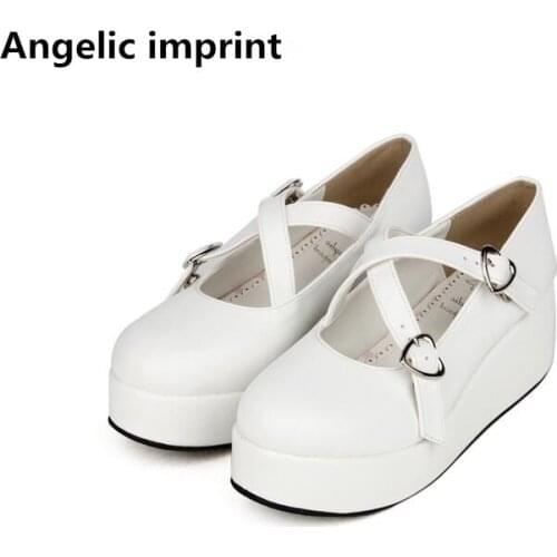 Angelic imprint woman mori girl lolita cosplay shoes lady mid wedges heels pumps women princess dress party shoes 33-47 2 buckle