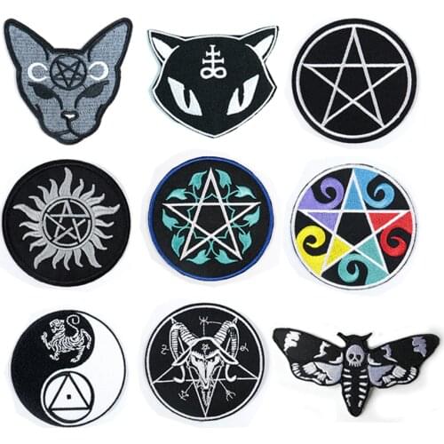 Cartoon Death Shead Moth Butterfly Cat Moon Baphomet Devil Pentagram Gothic Punk Pentacle Satanic Wicca Witch Applique Patches