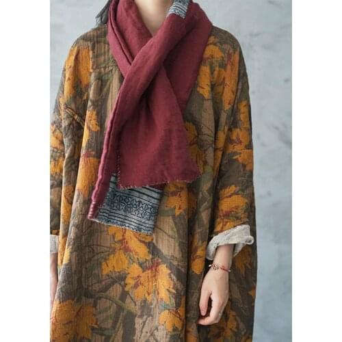 SCUWLINEN Women Retro Robe 2021 Spring Autumn Vintage Maple Leaves Print Bat-wing Long-sleeve Loose Long Cotton Dress P339