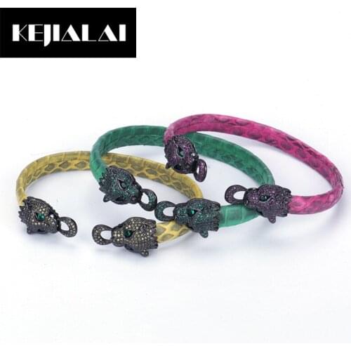 KEJIALAI Original Luxury Jewelry Real Snake Leather Bangle Two Leopard Heads Paved with Green Zirconia Geniune Leather Bracelets