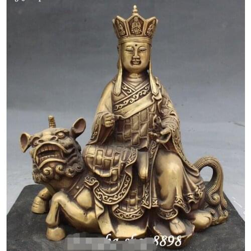 9" Chinese Bronze Tang Seng San Zang Ksitigarbha Bodhisattva Buddha Lion Statue