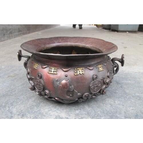 China Folk classical Red Bronze Five Wealth God Lucky Fish Bat incense burner