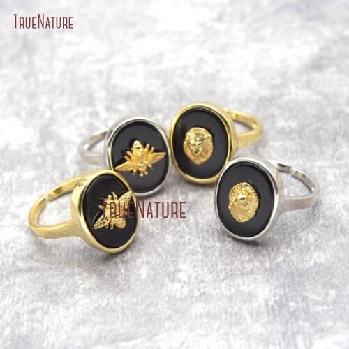 Black Onyx Rings Lion Crest Head Gold Stacking Ring Bee Bague Homme signet Ring RM26872