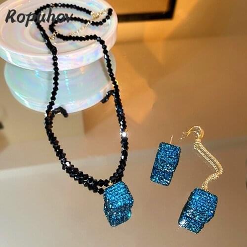 ROPUHOV 2021 Korean Trendy 925 Silver Needle Diamond Inlaid Square Asymmetric Earring Necklace Set Simple Retro Clavicle Chain