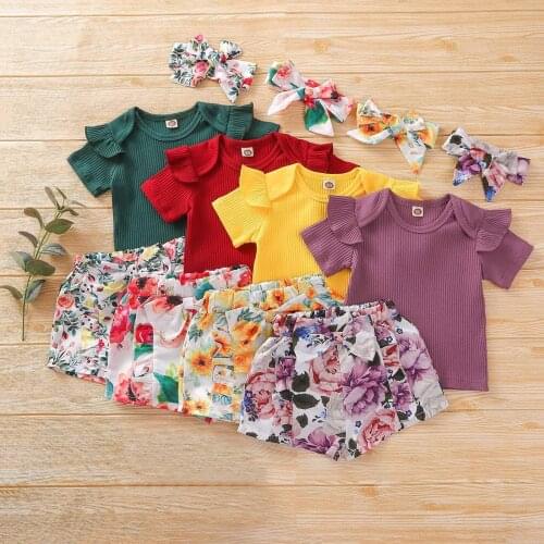 Toddler Kids Baby Girl Summer Outfits Ribbed Knitted Top Floral Shorts Sets 2021 Casual Children Clothing Outfit Set For Girls