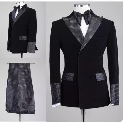 Black Velvet Men Suits Costume Homme Groom Wear Dot Pant Tuxedos Wedding Terno Masculino Slim Fit 2 Pieces Blazer(Jacket+Pants)
