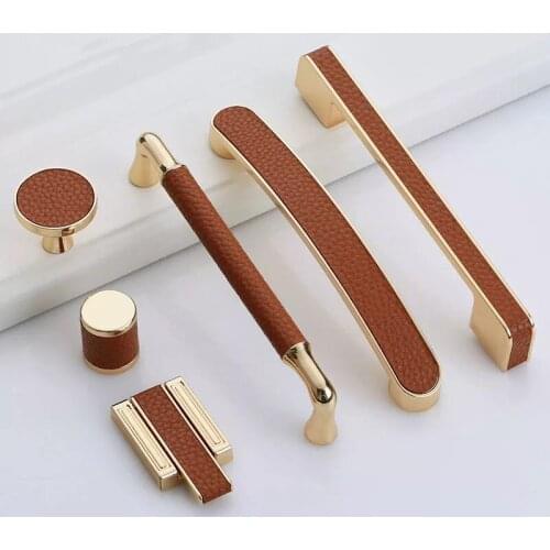Leather + Zinc Alloy Light Luxury Cabinet Dresser Handles and Pulls Drawer Door Knobs Brown Black Furniture Decoration Hardware