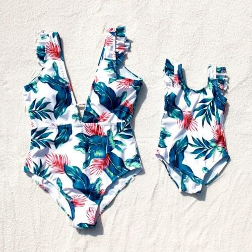 Leaf Swimsuits One-Piece Mother Daughter Matching Swimwear Family Set Mom Baby Mommy and Me Bikini Clothes Women Girls Beachwear