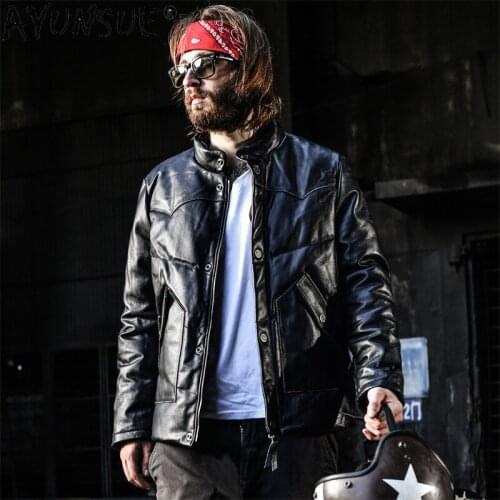 AYUNSUE Genuine Cowhide Leather Jacket Men Winter Mens Down Jackets Mens Thick Coat Motorcycle Clothes Male Veste Homme LXR903
