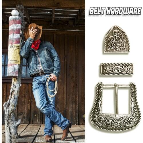 Western Retro Floral Engraved Antique Belt Buckle Set 3pcs Fits 38mm Belt Decor H9