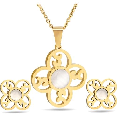 Gold-Color 316L Stainless Steel Flower Opal Bridal Jewelry Sets with necklaces stud earrings set for women