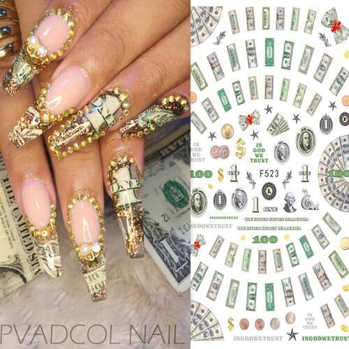 Nails Sticker Money Dollar Wealthy Rich Style Nail Art Stickers Decals Manicure Tip Decal Self Adhesive Acrylic Tips Tool