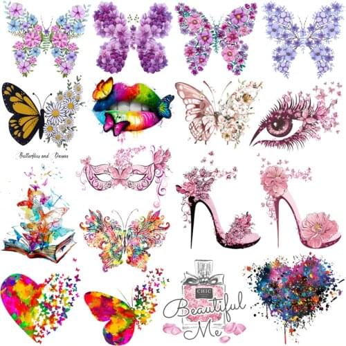 Pulaqi Butterfly Patches Fashion Stripes Iron On Transfer Vinyl Heat Patches For Clothing Thermal Stickers On Clothes Applique