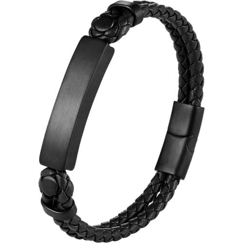 2020 New Cool Punk Stainless Steel Magnetic Button Design Genuine Leather Bracelet for Men Fashion Bangles Male Gift Pulseira